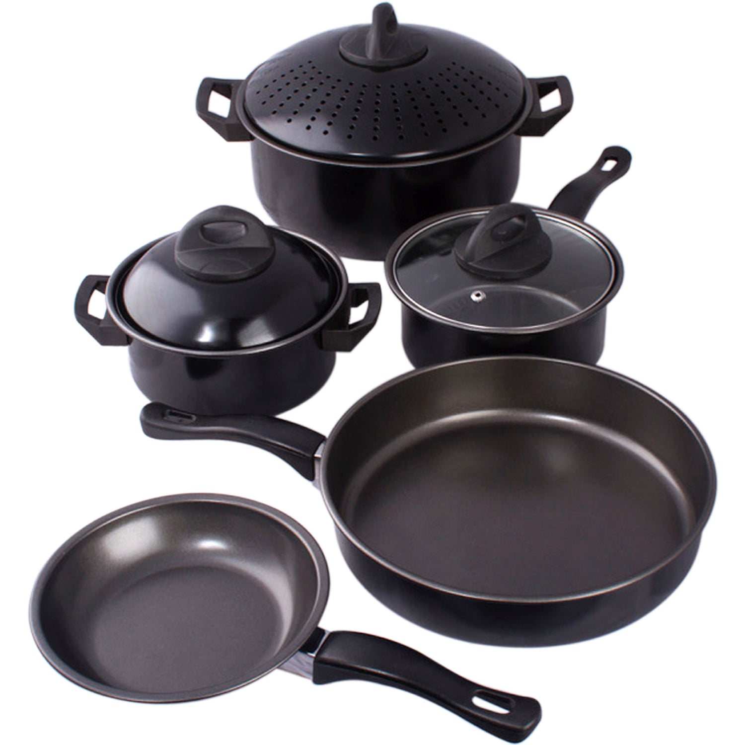 Cookware set Kitchen Pasta Pot W/ Strainer Lid Sauce Frying Pan 8 pcs. Set BLACK