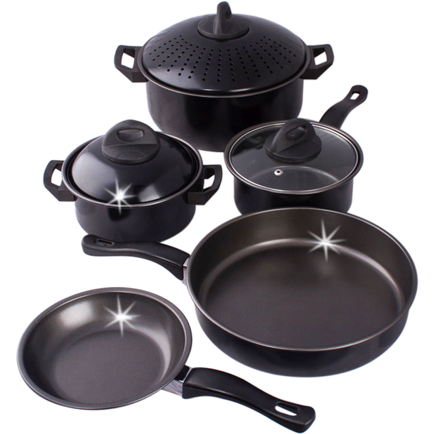 Cookware set Kitchen Pasta Pot W/ Strainer Lid Sauce Frying Pan 8 pcs. Set BLACK