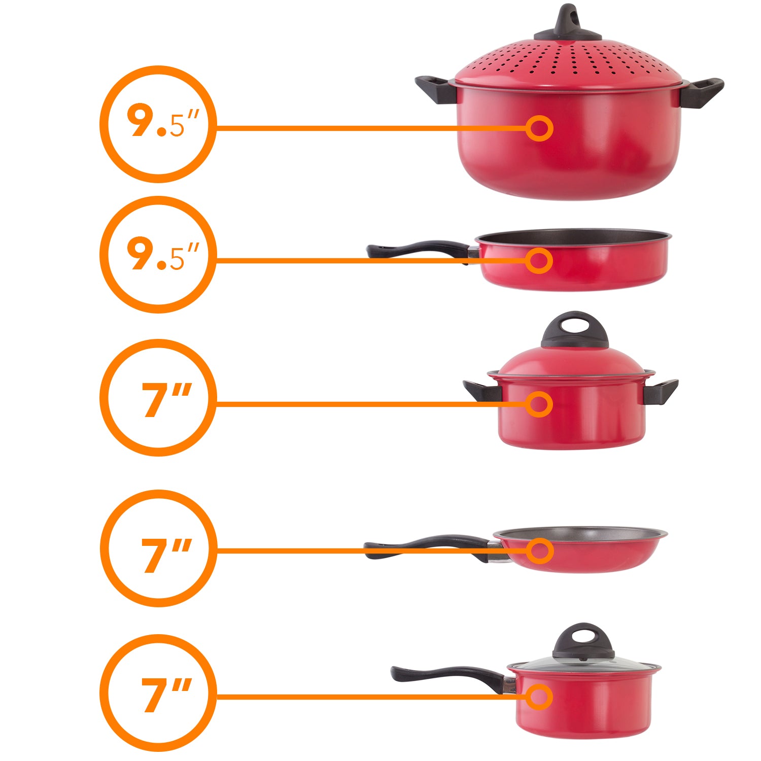 Cookware set Kitchen Pasta Pot With Strainer Lid Sauce Frying Pan 8 pcs. Set Red