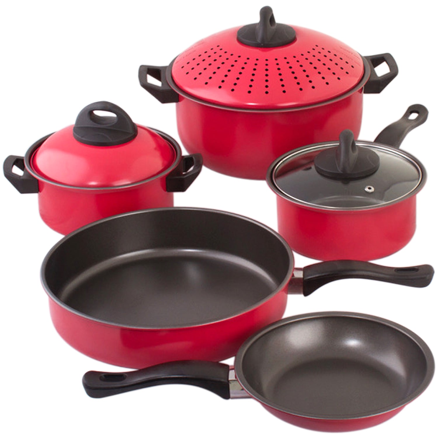 Cookware set Kitchen Pasta Pot With Strainer Lid Sauce Frying Pan 8 pcs. Set Red