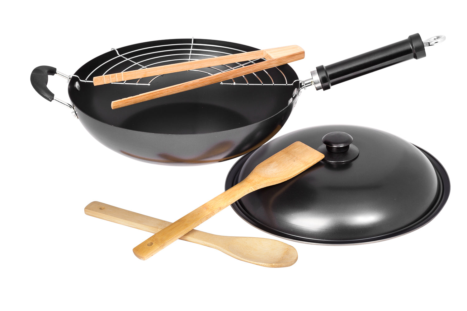 12” Carbon Steel Wok with Spatula, Tongs, Spoon, Grill, and Lid – Nonstick Wok with Wok Tools