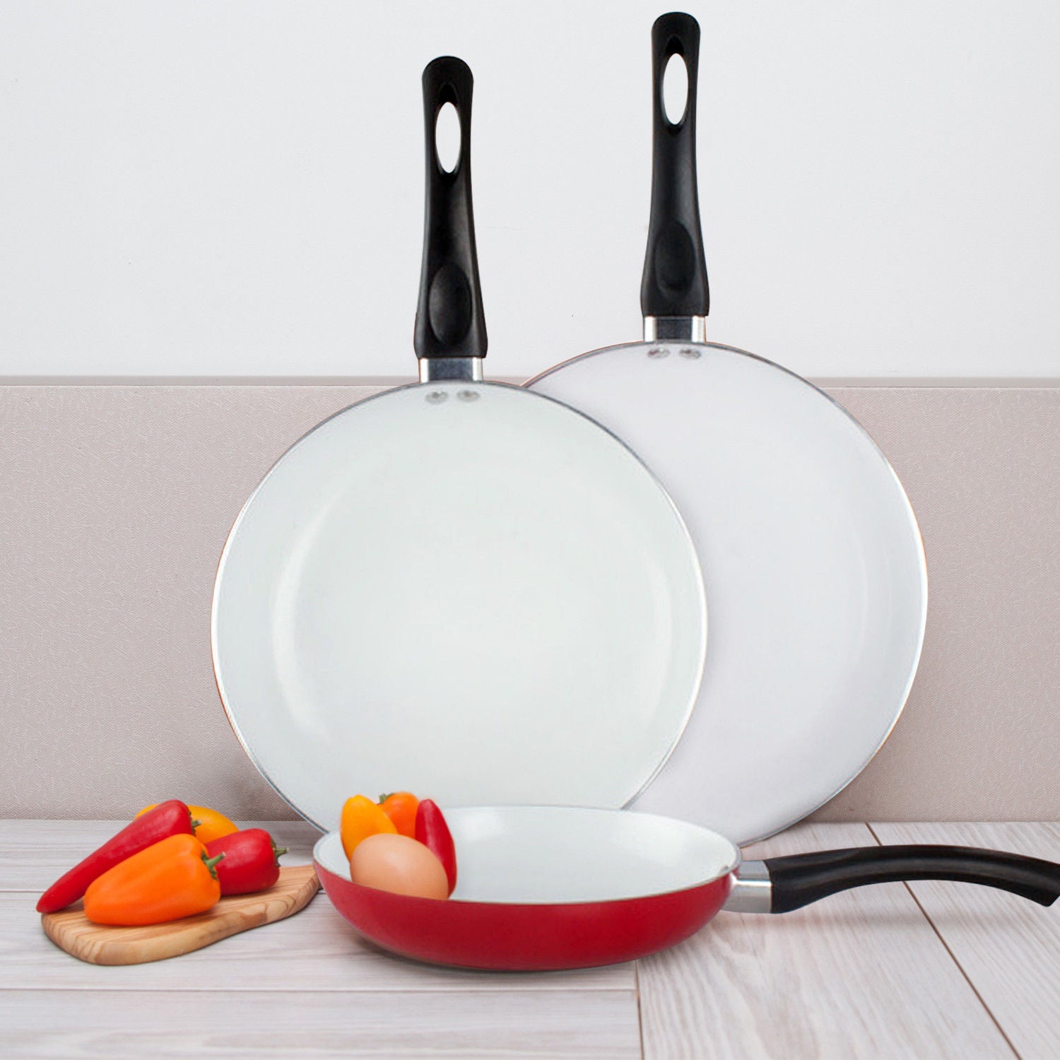 Healthy Nonstick Ceramic Coated Frying Pan - 3 Pcs Eco Friendly Durable Fry Pan Cookware Set (8", 10" & 12" Pans)