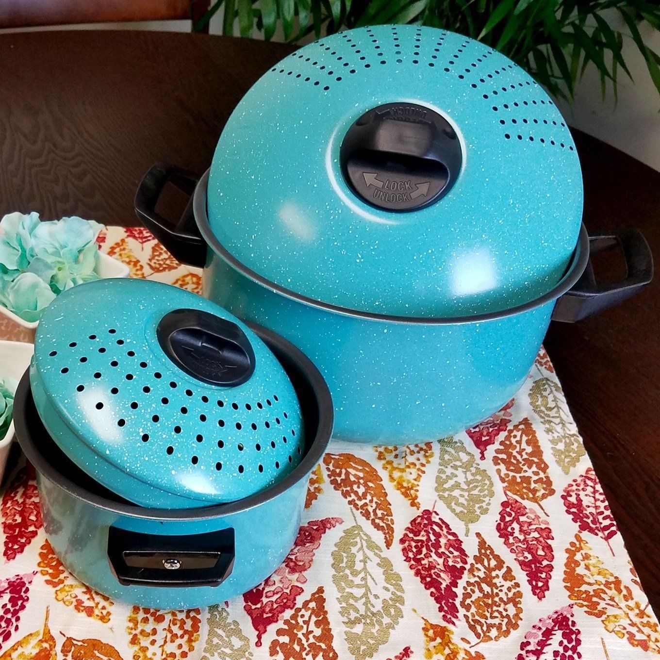 Set of 2 High Quality Pasta Pot w/ Strainer Lid - Pasta Cooker Stock Pot