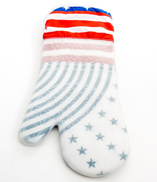 Heat Resistant Silicone Oven Glove - BBQ Mitt White & Red - Blue Star
