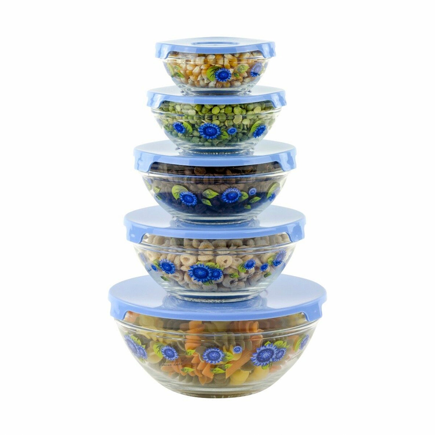10 Pcs Glass Lunch Bowls Food Storage Containers Set With Lids & Flower Design