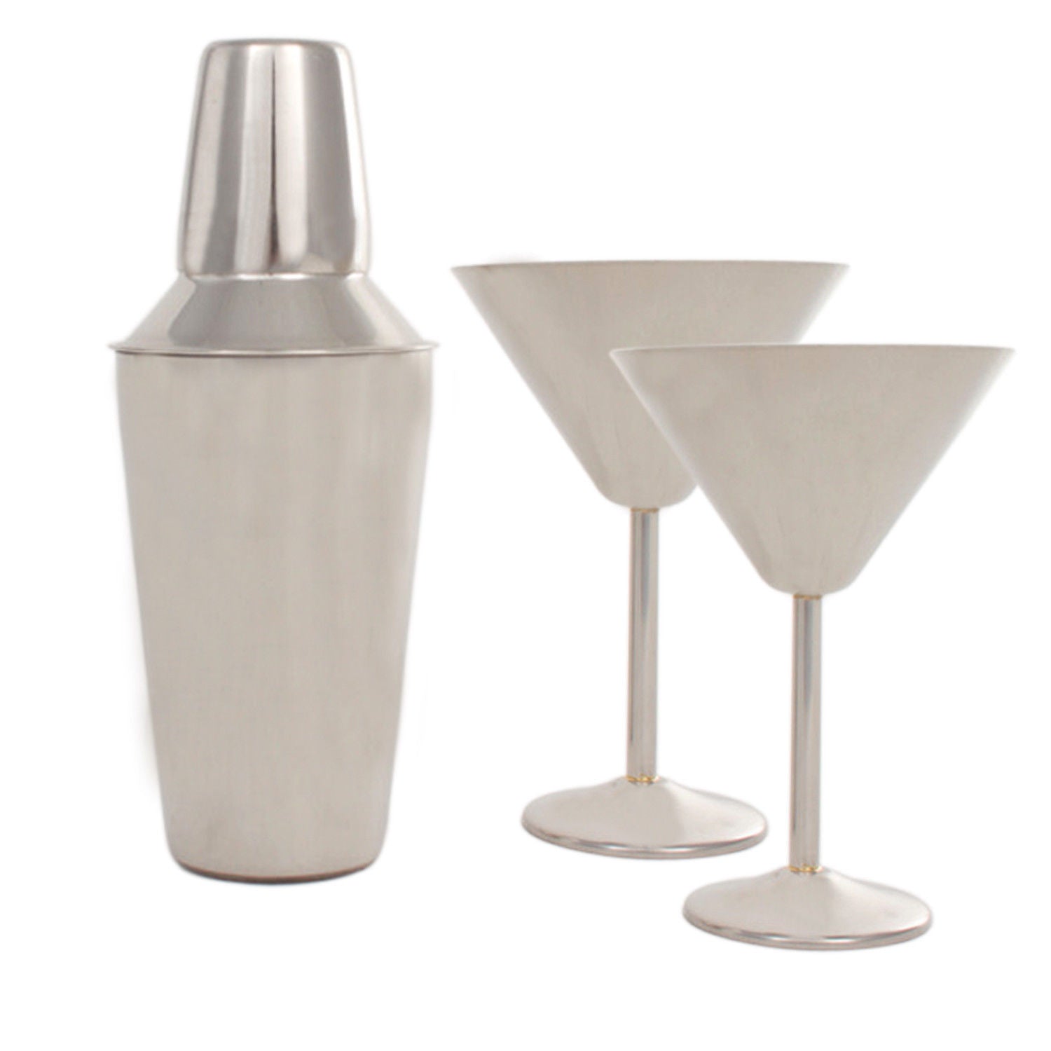 Stainless Steel Martini Gift Set - 2 Large Martini Glasses and Shaker Set