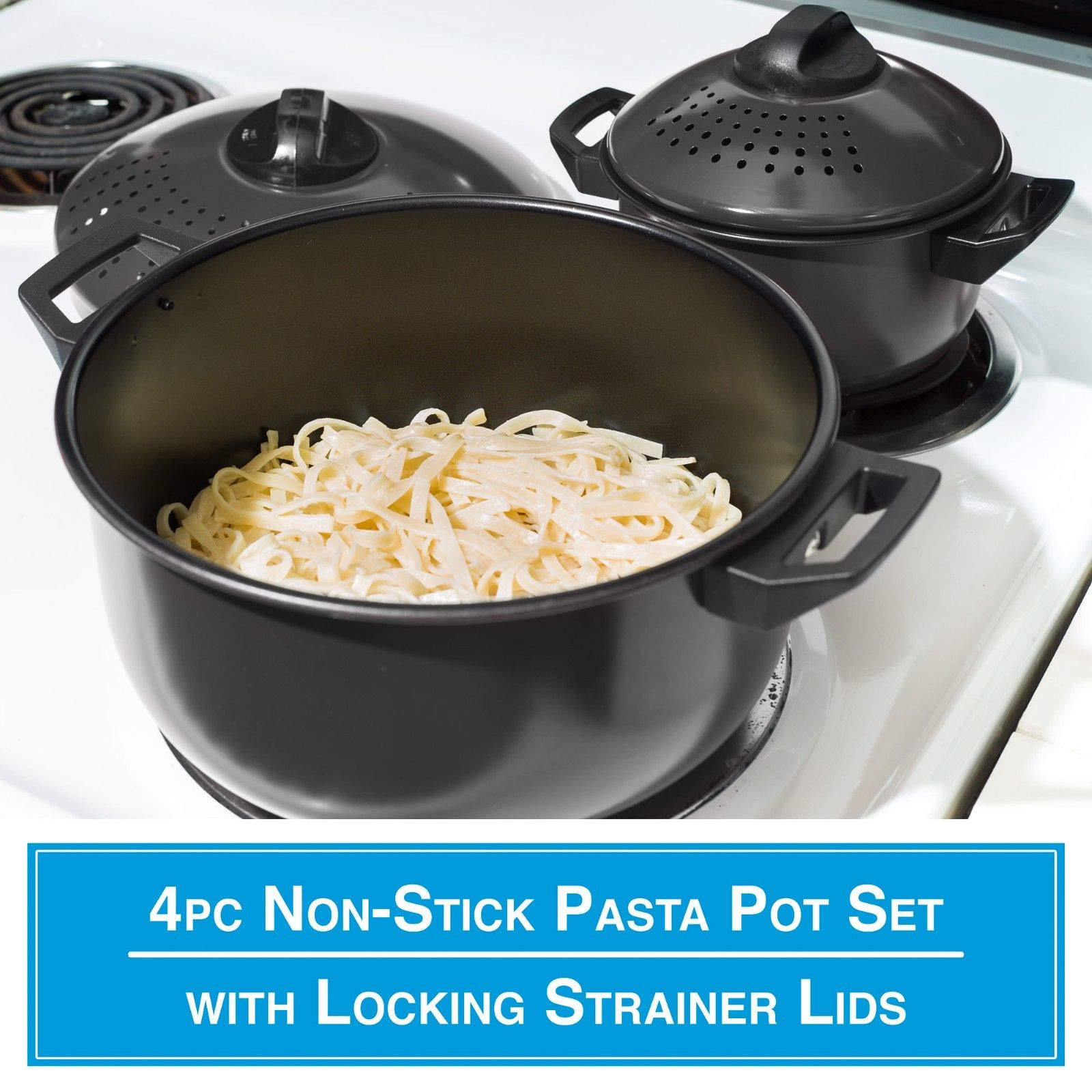 2 Pc Chef Quality Pasta Pot with Strainer Lid - 6 Qt & 2 Qt Black Stock Pot or Pasta Cooker