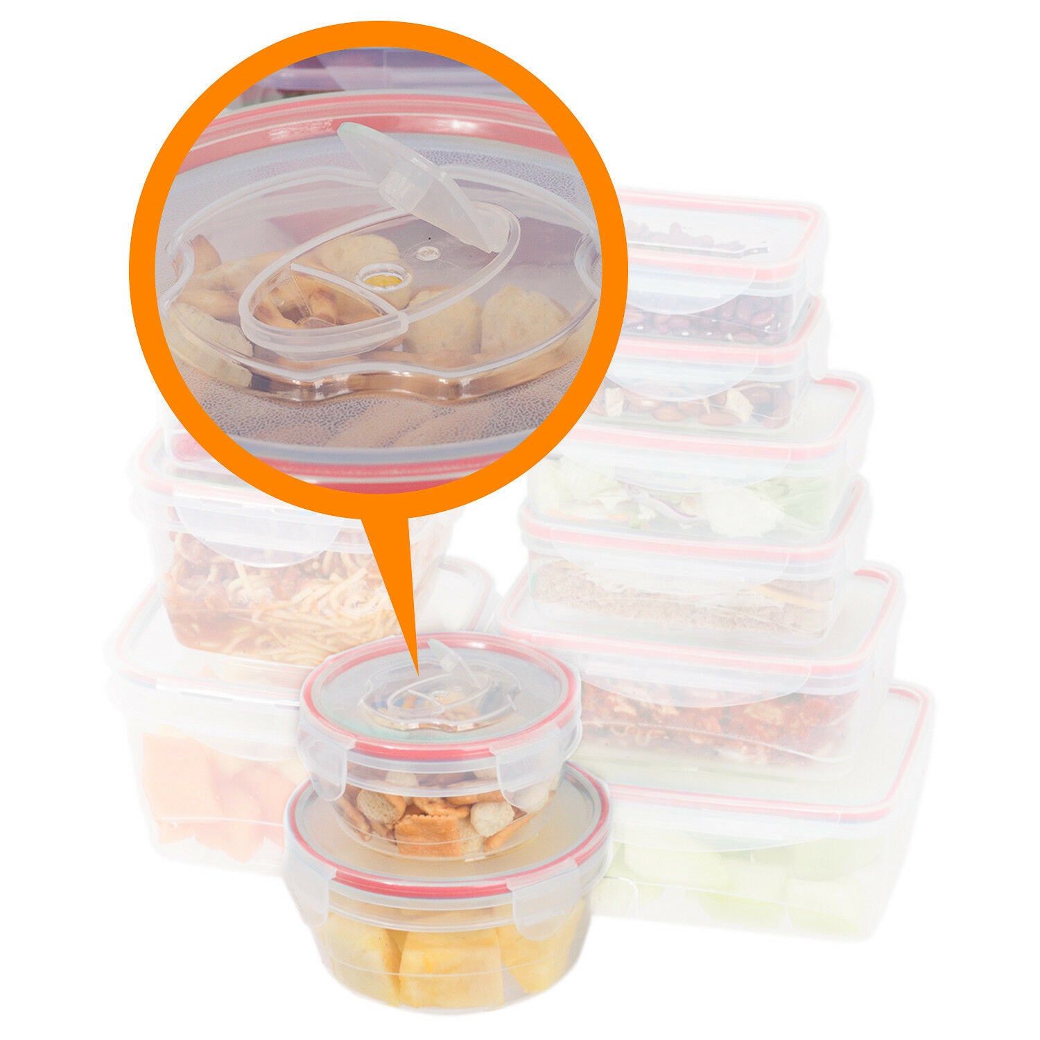 24 Pc Reusable Kitchen Containers w/Vented Lids - Plastic Food Containers - School Office Work Microwavable Containers (Red Lids)