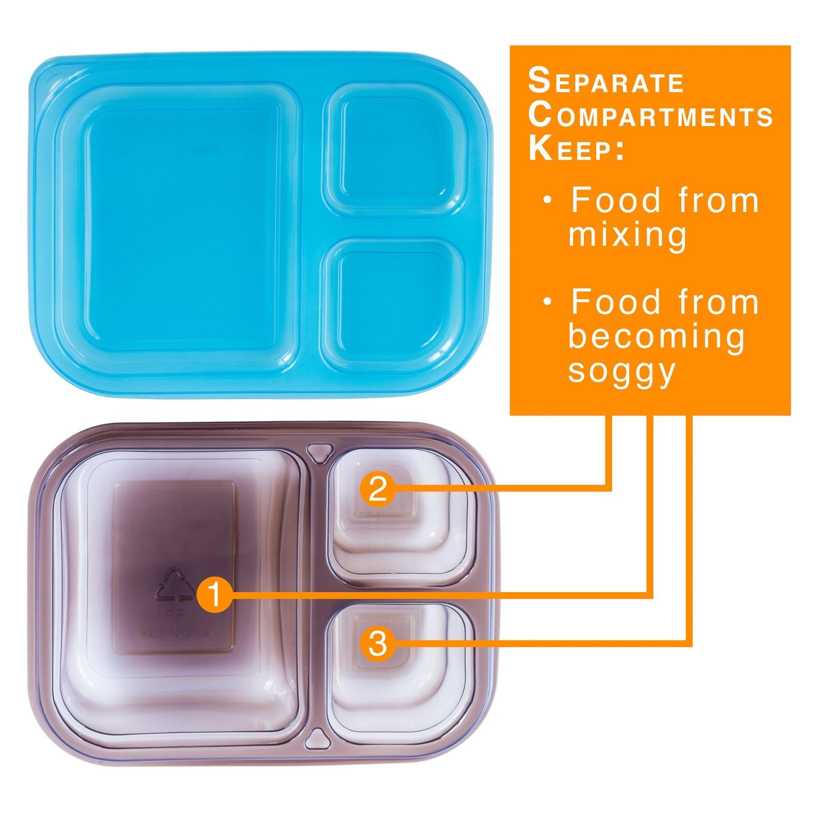 8 Pc Meal Containers Adult Lunch Boxes - 3 Compartment Lunch Containers (Multi Color Lids) - Microwave Safe Containers