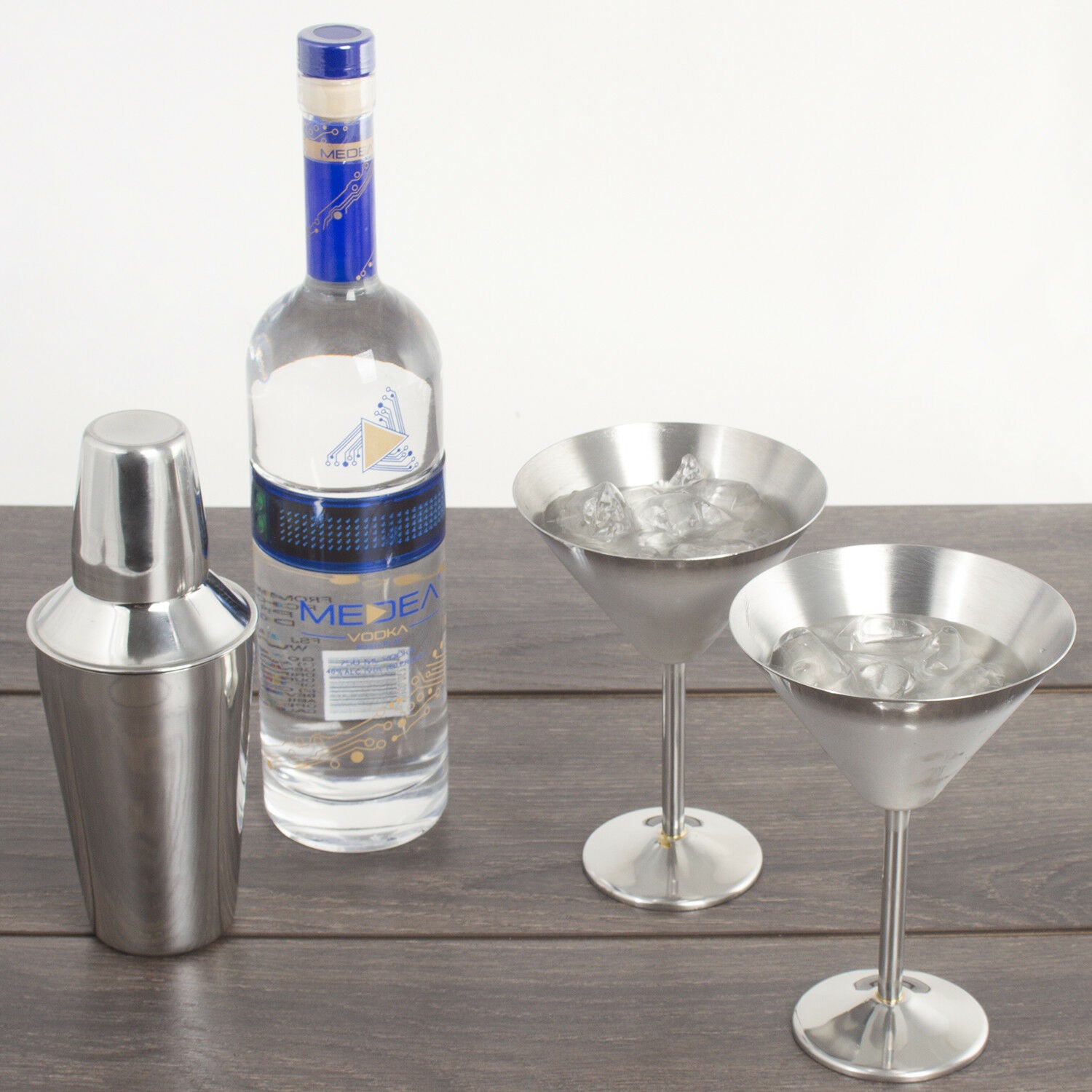 Stainless Steel Martini Gift Set - 2 Large Martini Glasses and Shaker Set