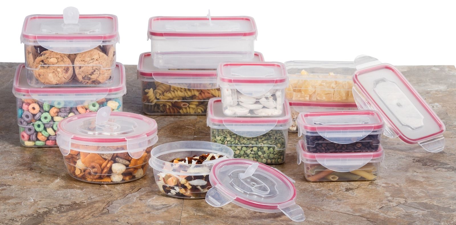 24 Pc Reusable Kitchen Containers w/Vented Lids - Plastic Food Containers - School Office Work Microwavable Containers (Red Lids)