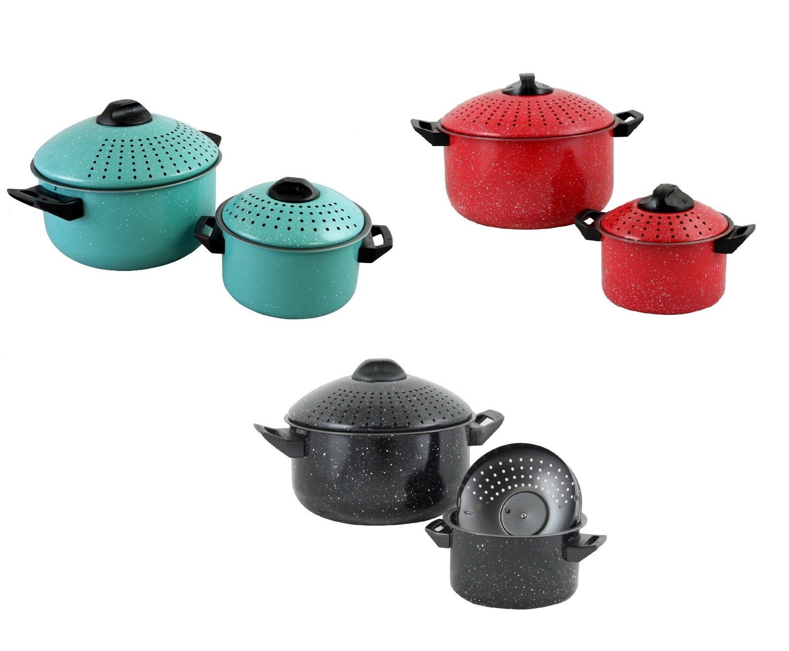 Set of 2 High Quality Pasta Pot w/ Strainer Lid - Pasta Cooker Stock Pot