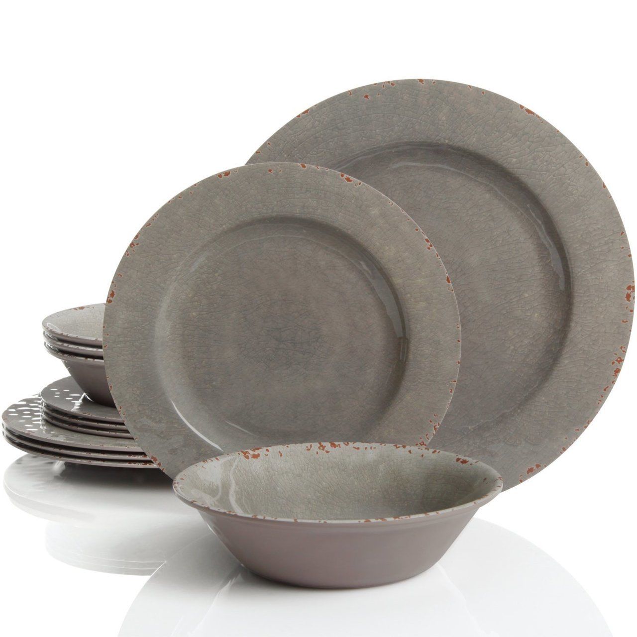 Gibson Studio 114334.12 Mauna 12 Piece Heavy Weight Melamine Dinnerware Set Gray