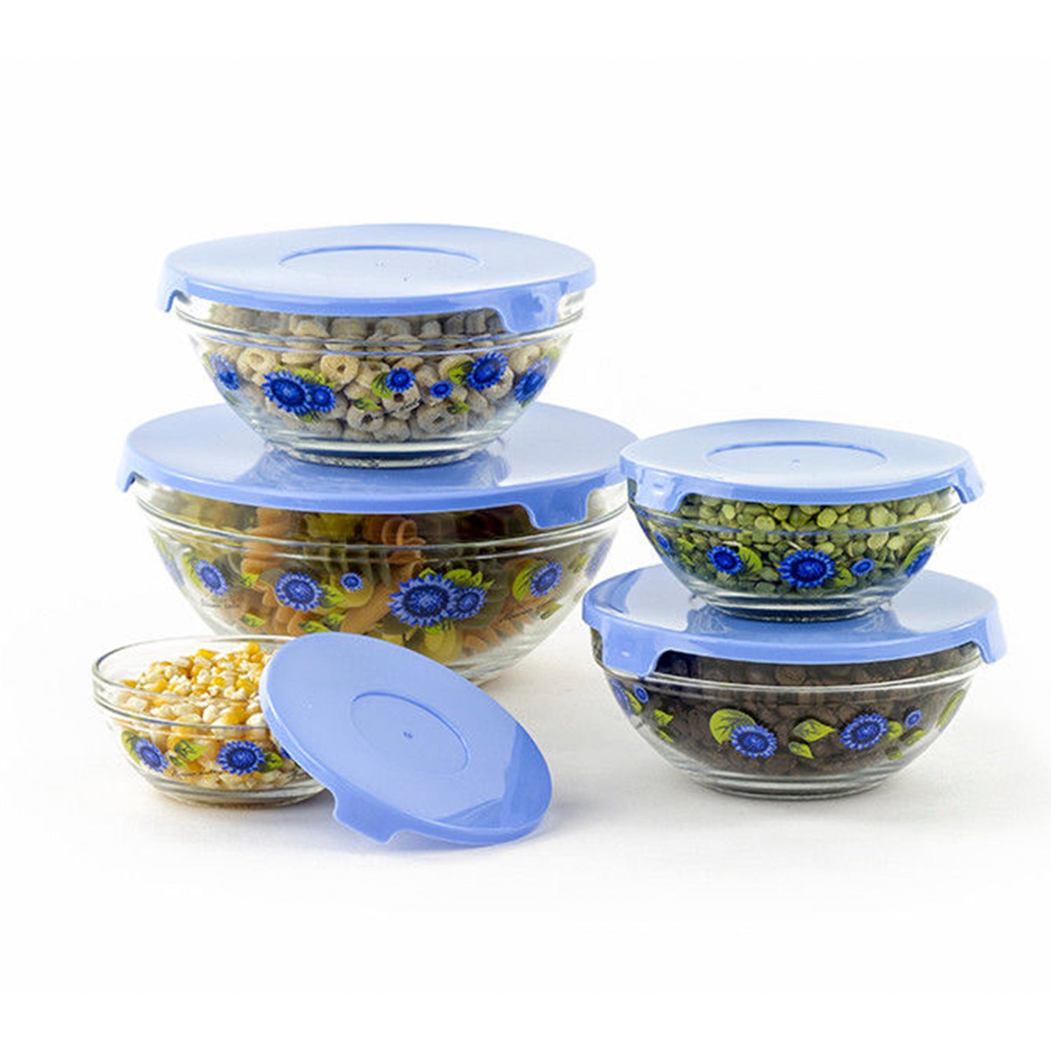 10 Pcs Glass Lunch Bowls Food Storage Containers Set With Lids & Flower Design