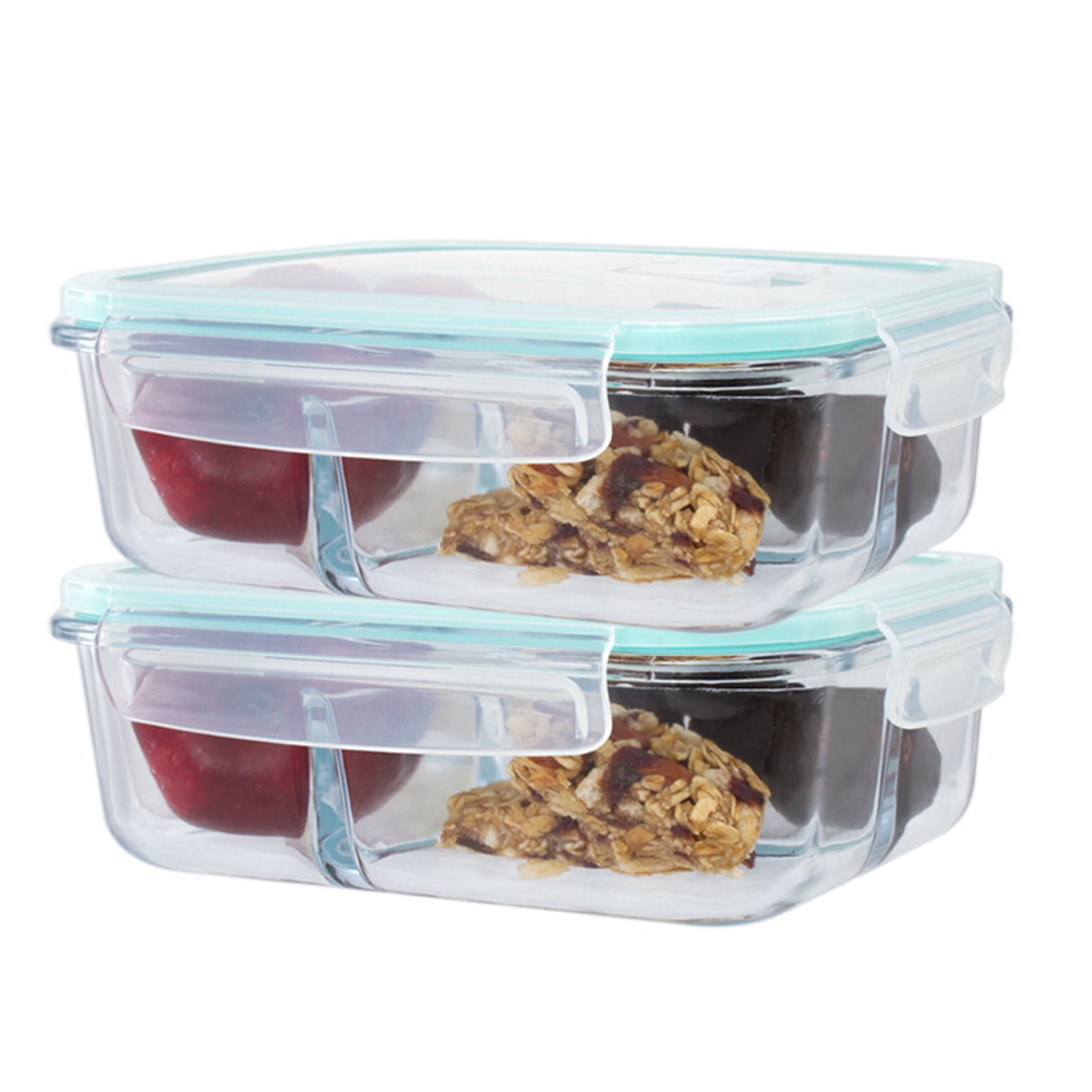 2 Pc Premium 3 Compartment Rectangle Glass Containers with Snap Locking Lids - 51 Oz