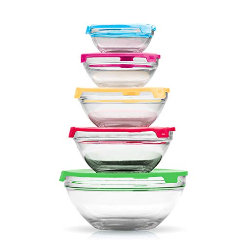 10 Pc Round Glass Food Storage Containers with Multi Color Lids