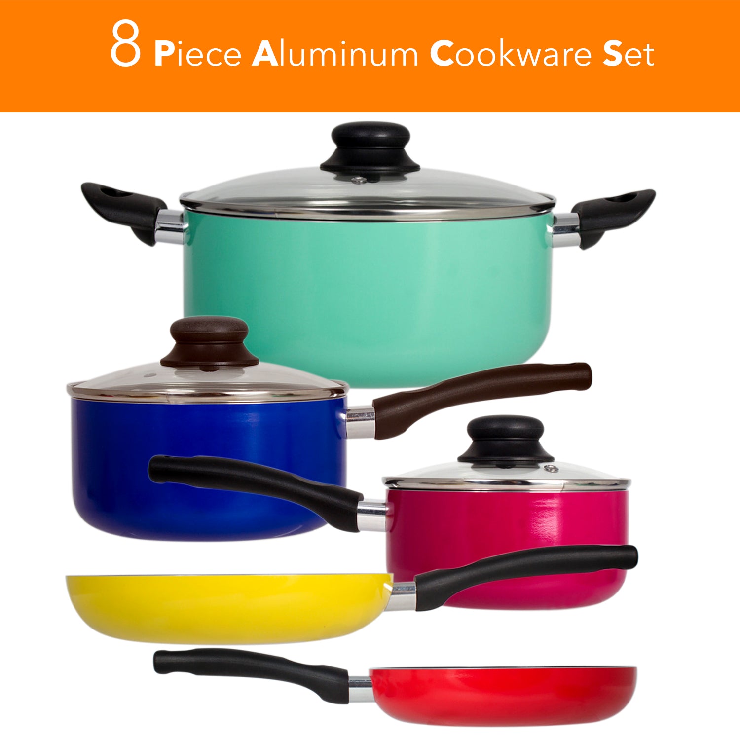 8 Piece Rainbow Nonstick Cookware Set Kitchen Pots Sauce Fry Pan With Glass Lid