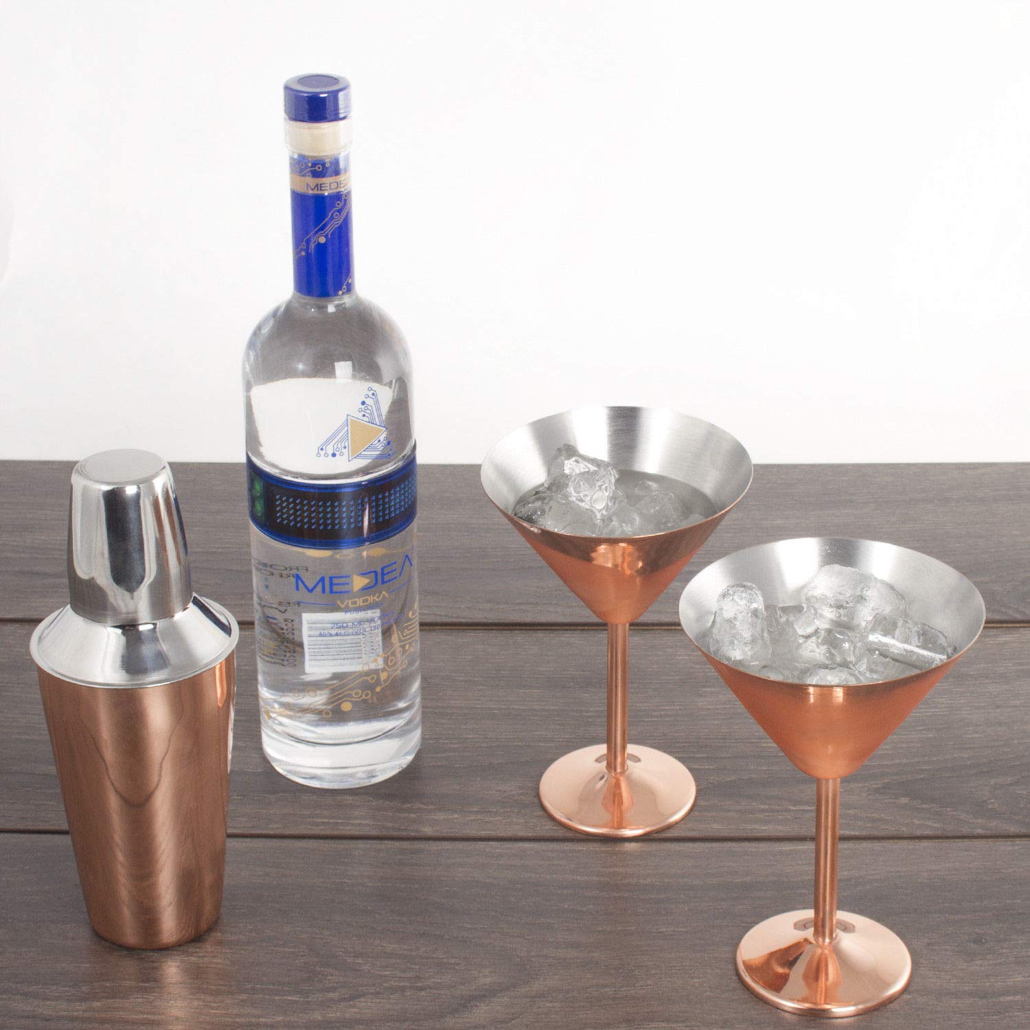 3 pc Copper Stainless Steel Martini Gift Set - 2 Large Martini Glasses and Shaker Set - Copper Martini Shaker Set (Copper)