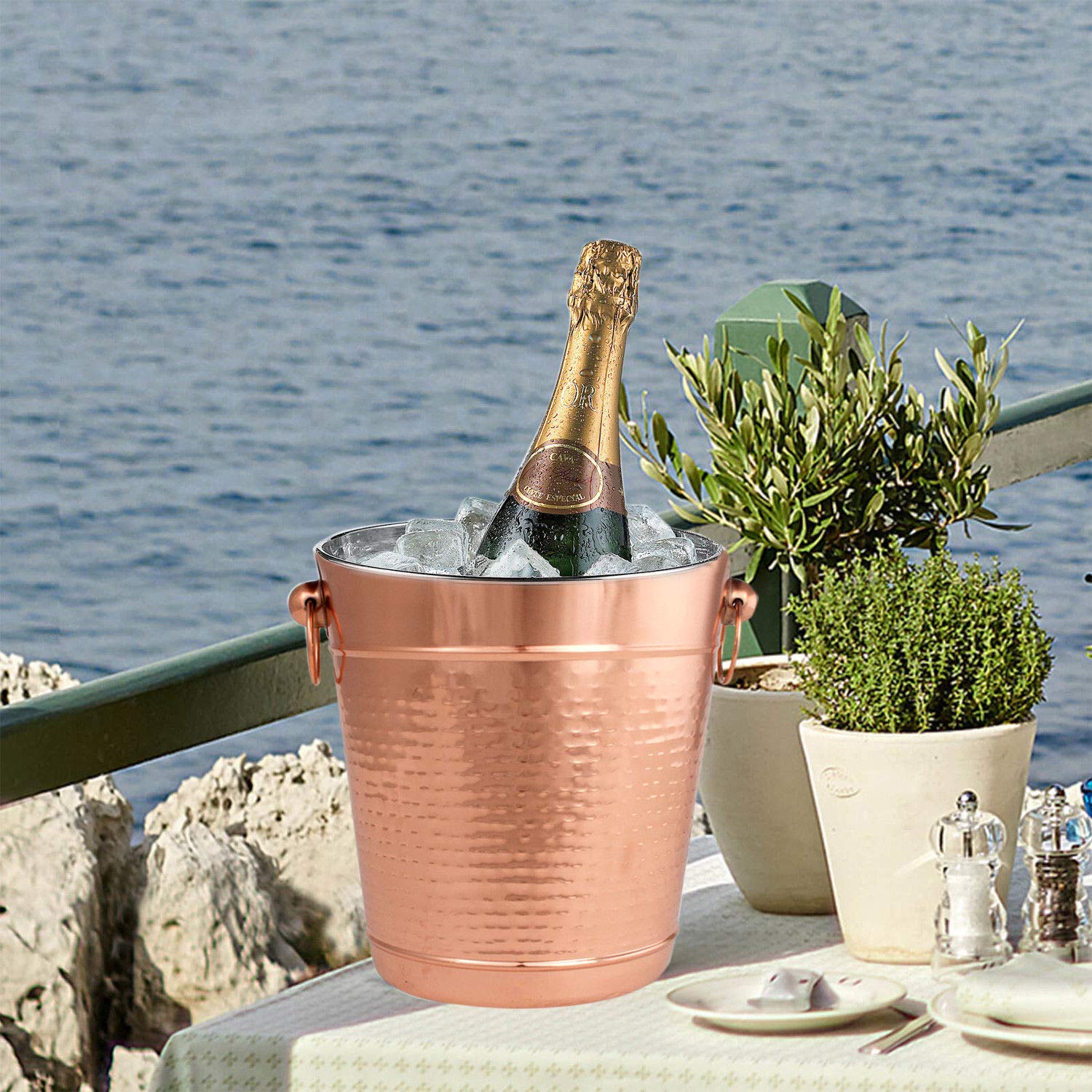 Copper Stainless Steel Champagne Bucket - Hammered Wine Bottle Cooler Ice Bucket