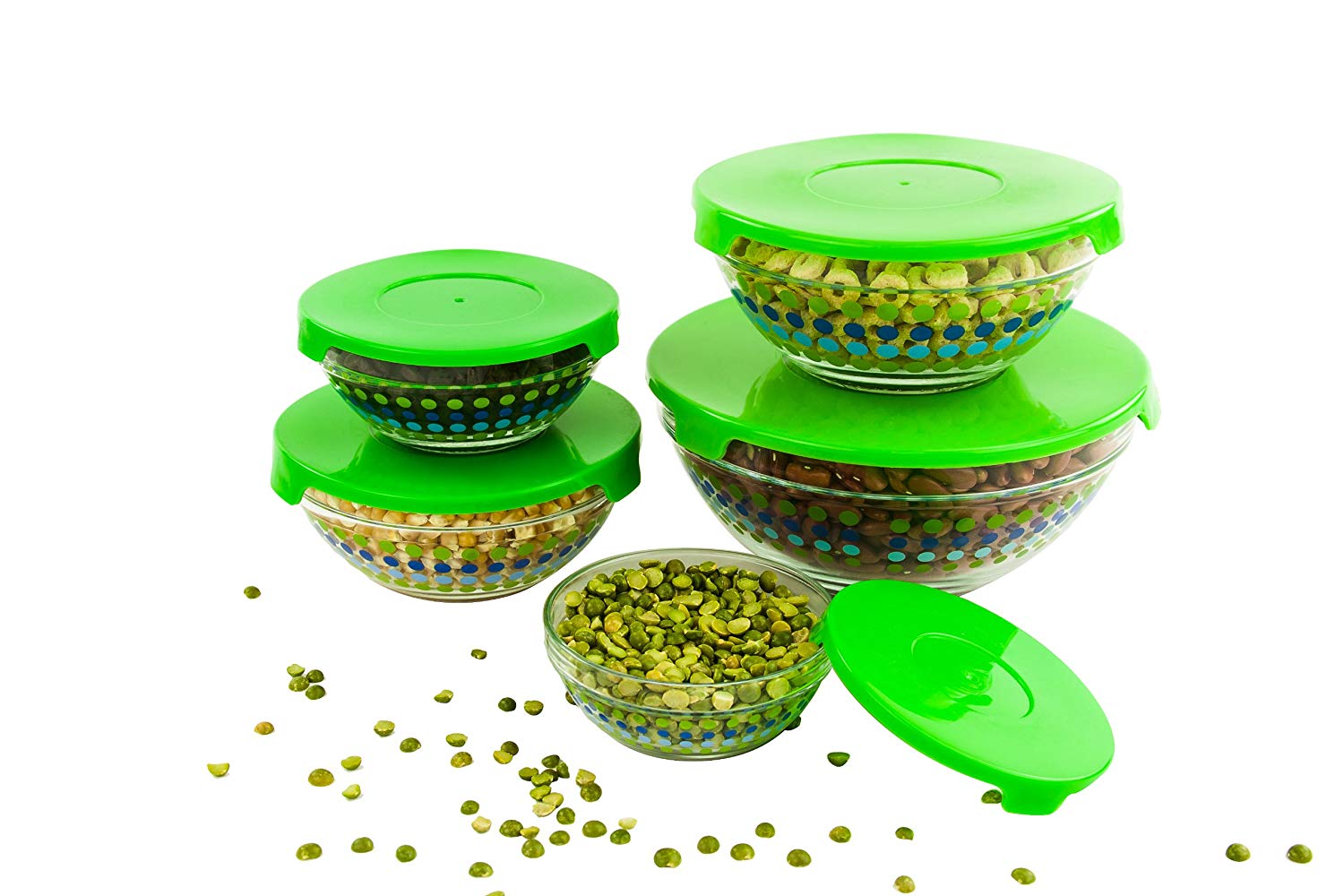 All Purpose Glass Bowls and Food Storage Containers 10 Pcs Set - Glass Lunch Bowls Set with Snap Tight Green Lids (MultiColor Polka Dots)