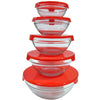 5 Pc Glass Nested Dipping/Storage Bowls with Red Lids