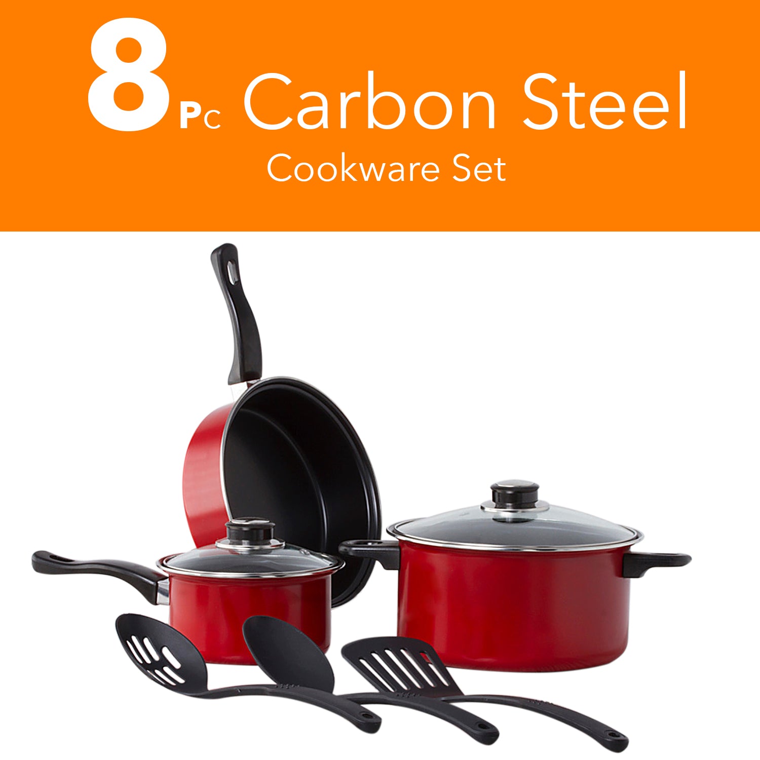 Non Stick Cookware Set - Red Carbon Steel 8 Pcs Stock Pot Utensils Fry Sauce Pan
