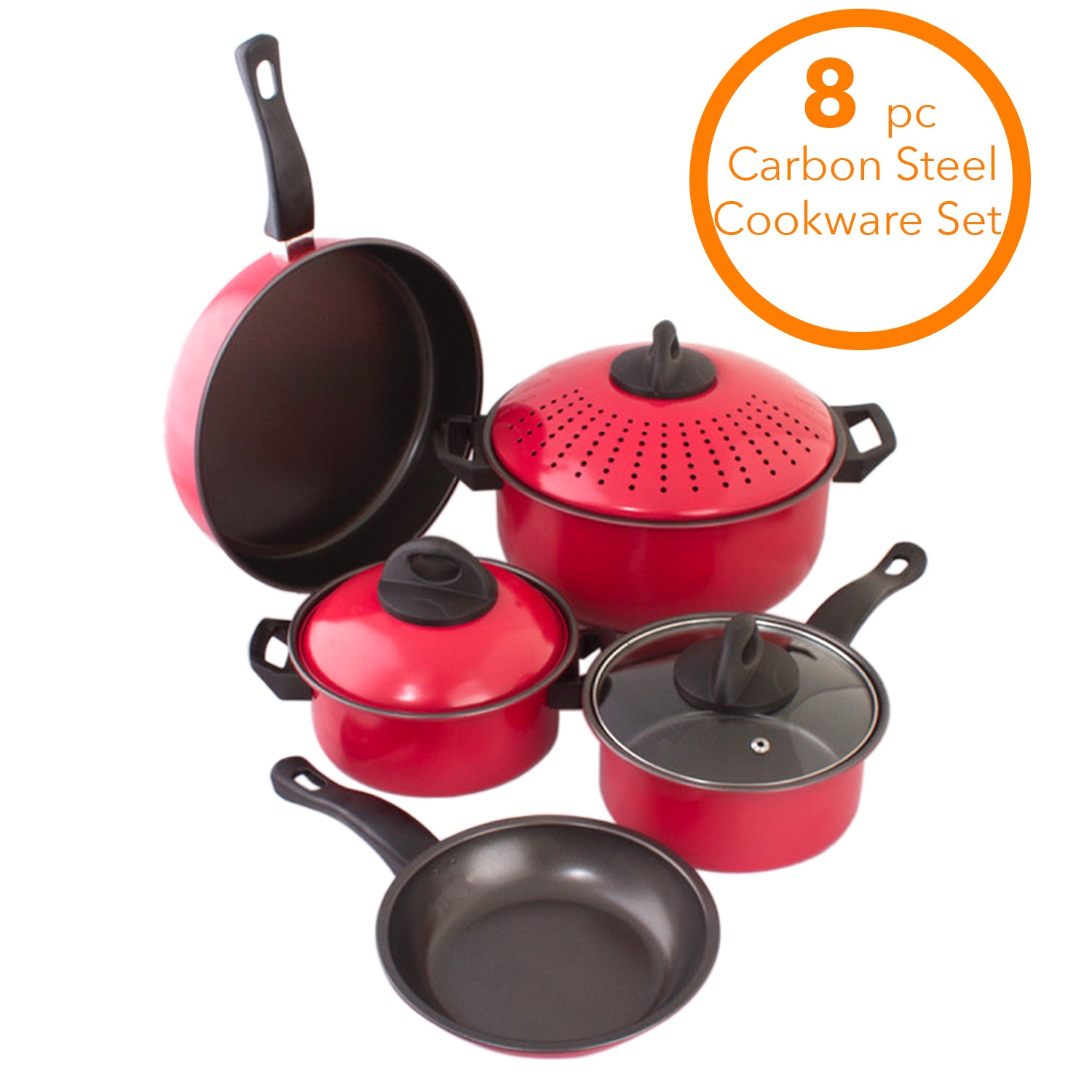 Cookware set Kitchen Pasta Pot With Strainer Lid Sauce Frying Pan 8 pcs. Set Red