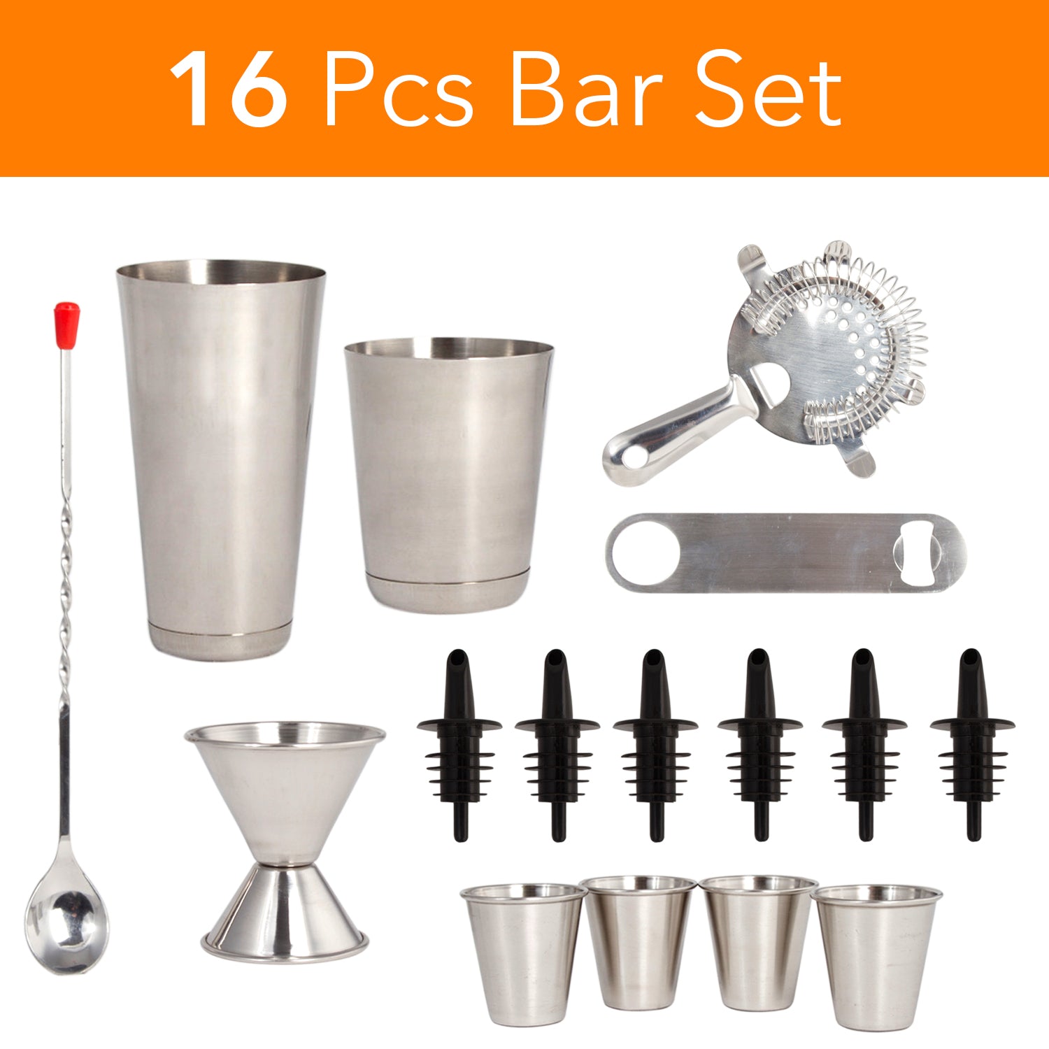 Stainless Steel 16 Pcs. Cocktail Shaker Set - Complete Professional Bar Tool Set