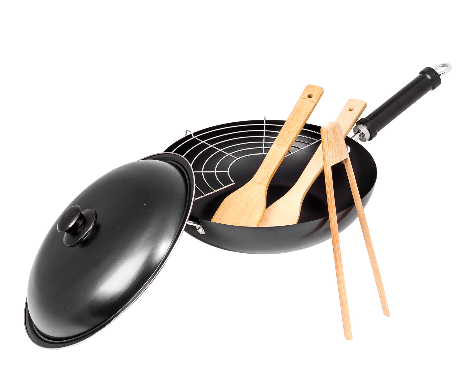 12” Carbon Steel Wok with Spatula, Tongs, Spoon, Grill, and Lid – Nonstick Wok with Wok Tools