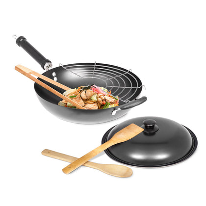 12” Carbon Steel Wok with Spatula, Tongs, Spoon, Grill, and Lid – Nonstick Wok with Wok Tools