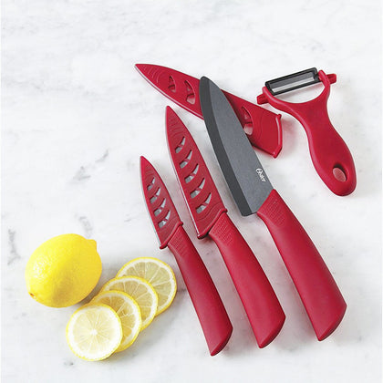 Oster 107312.04 Ostead 4 Piece Ceramic Blade with Sheath Cutlery Set, Metallic Red/Black