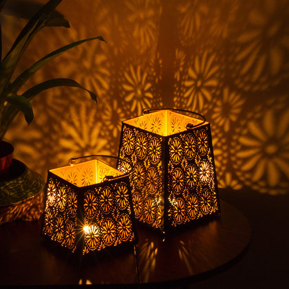 Decorative Flower Cut Metal Lantern Set - Sets of 2 Candle Holder