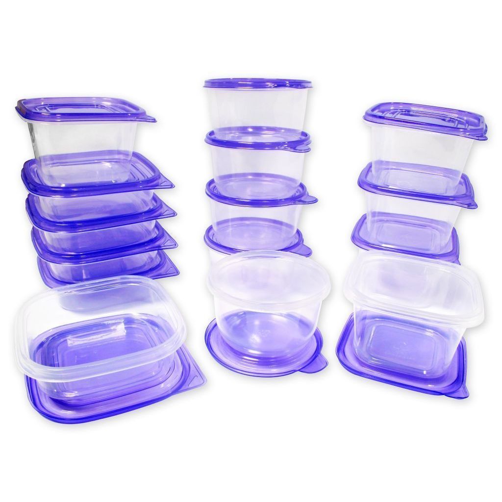 30 Piece Plastic Food Container Set - 15 Plastic Storage Containers with Purple Lids