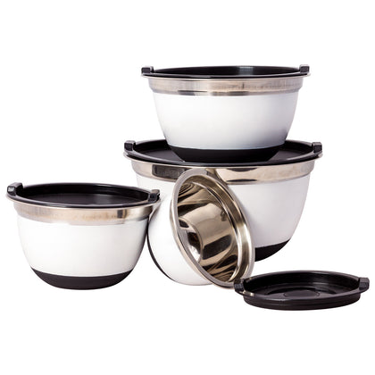 4 Pcs White Stainless Steel German Mixing Bowls Set W Non-Skid Silicone Base Lid