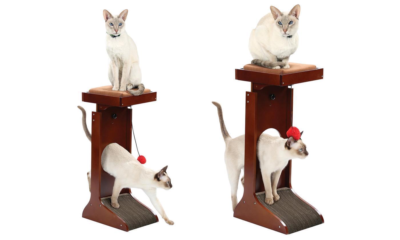 Wood Cat Adjustable Cat Tower Perch W/ Scratching Pad - Wooden Cat Scratcher