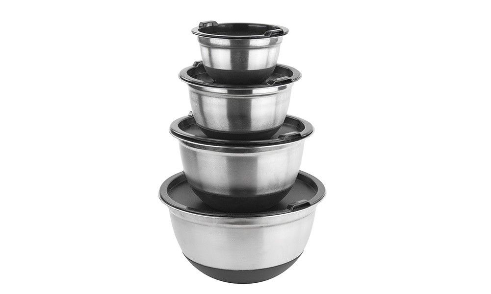 4 Pcs White Stainless Steel German Mixing Bowls Set W Non-Skid Silicone Base Lid
