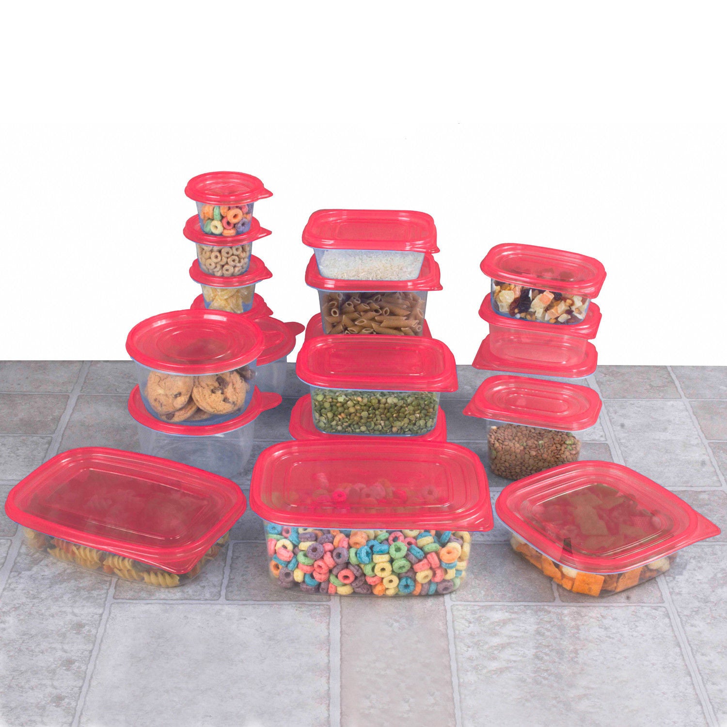 58 Piece Plastic Food Container Set - 29 Plastic Storage Containers with Air Tight Lids Red