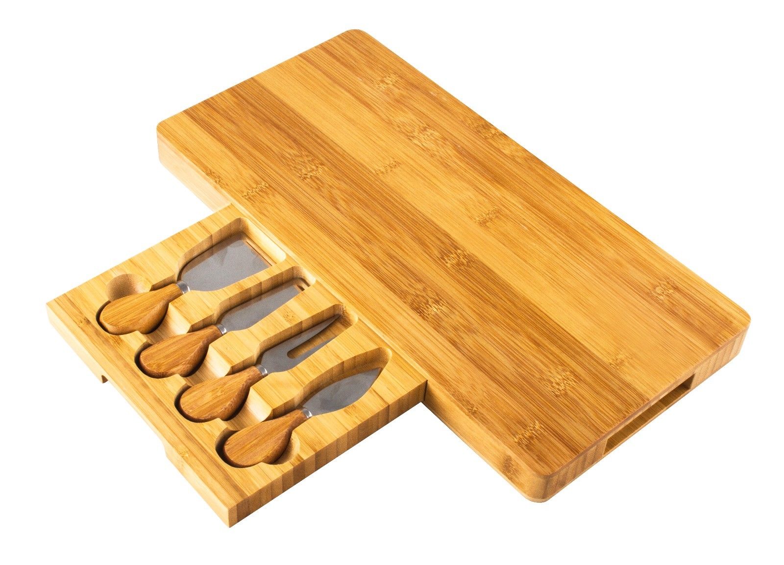 Bamboo Rectangle 16" X 8" Cheese Board & Cutlery Set With Slide Out Drawer