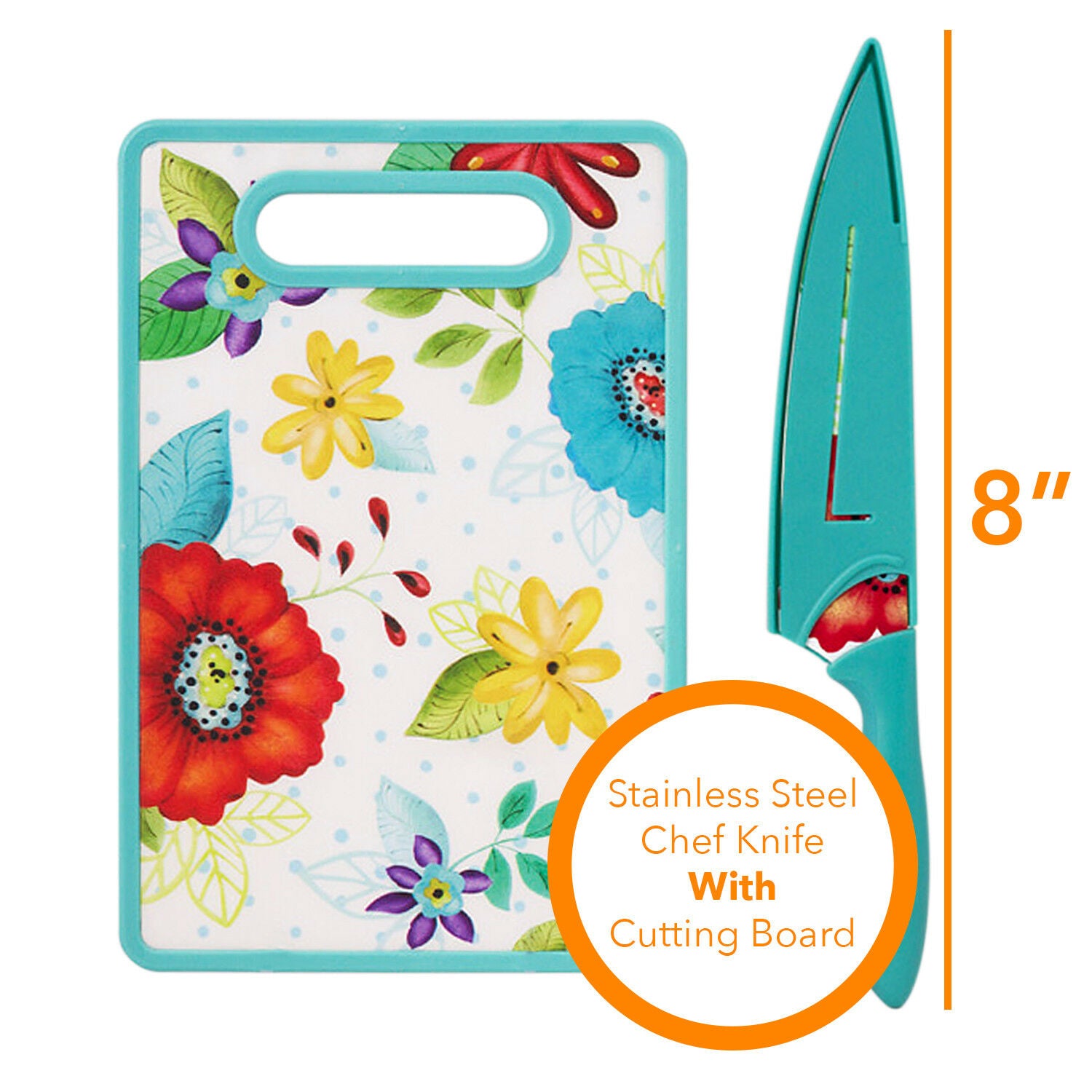 Ceramic Stainless Steel Chef Knife W/ Shealth & Cutting Board Set Floral Design