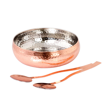 Copper Hammered Stainless Steel Salad Bowl With Serving Spoon Set