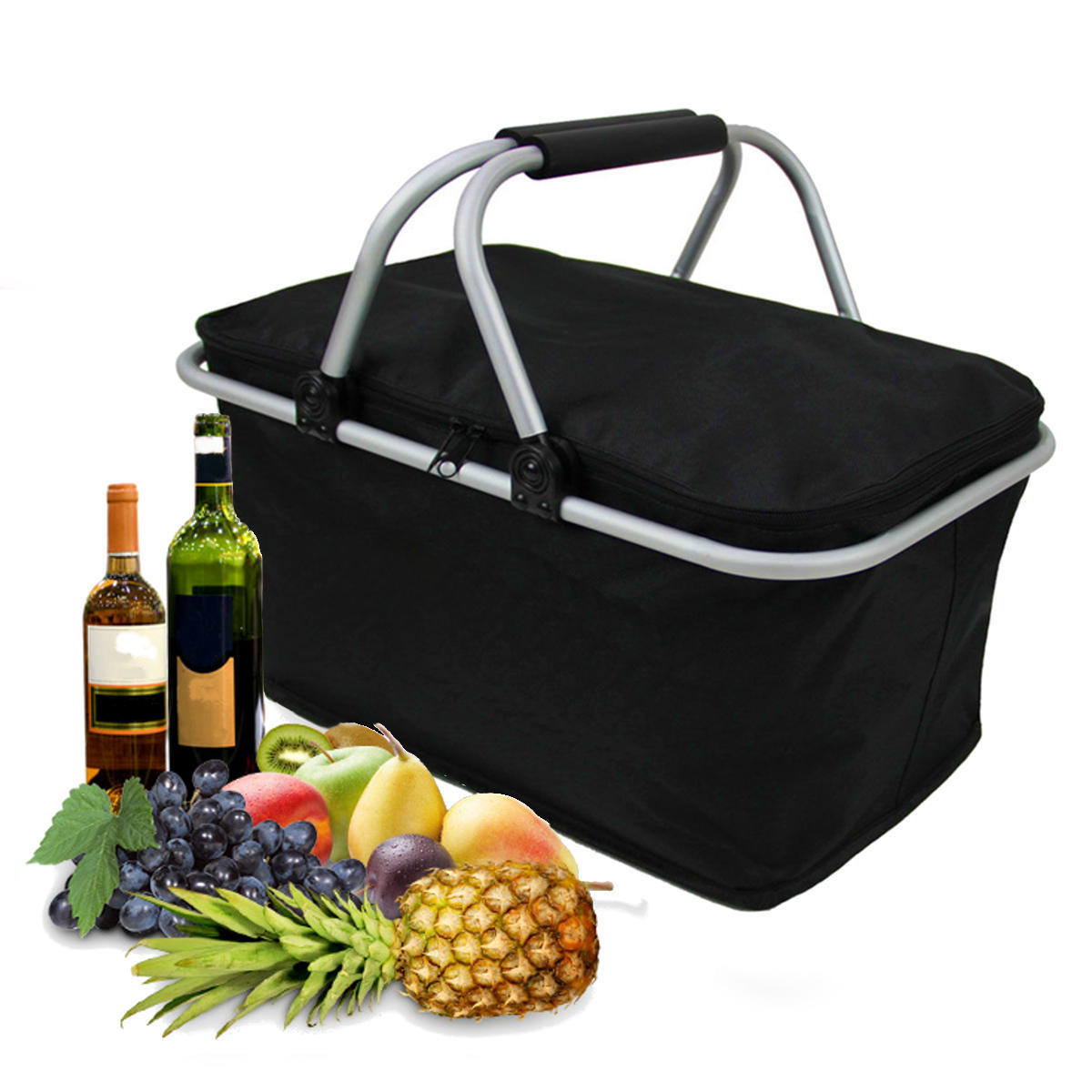 Insulated Folding Picnic Cooler Basket with Handles - Black
