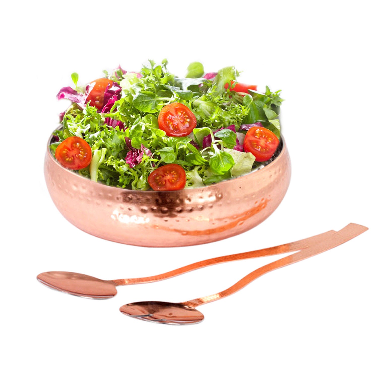 Copper Hammered Stainless Steel Salad Bowl With Serving Spoon Set