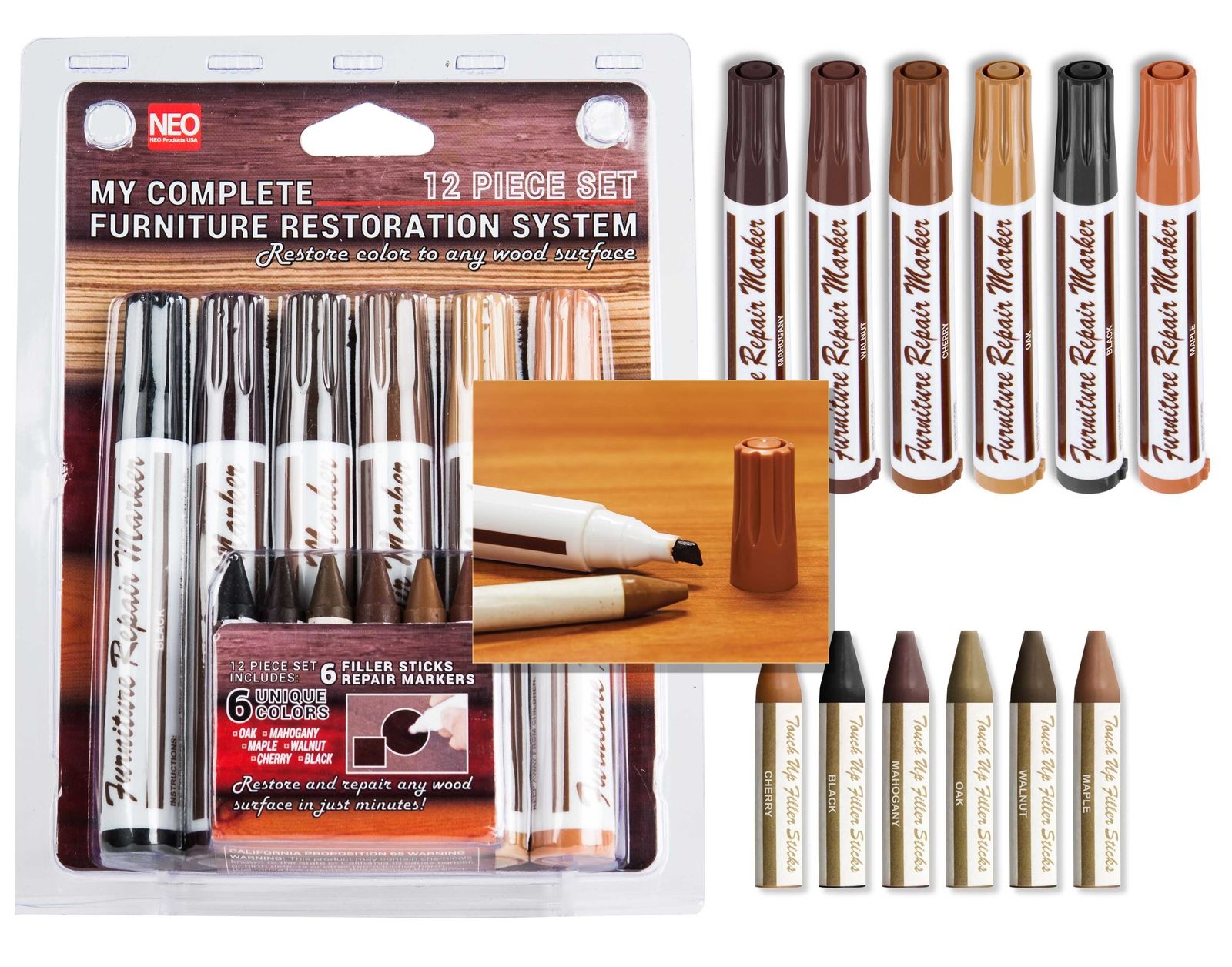 12 Pc Furniture Restoration Wood Stain Markers Pen Set with Filler Sticks