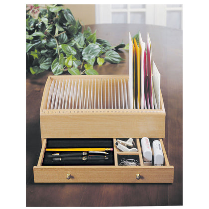 Wood Mail Bill Letter Organizer Caddy Holder W/ Drawer Wooden Personal Secretary