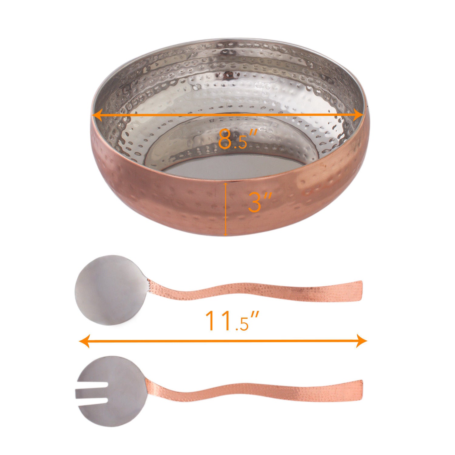 Copper Hammered Stainless Steel Salad Bowl With Serving Spoon Set