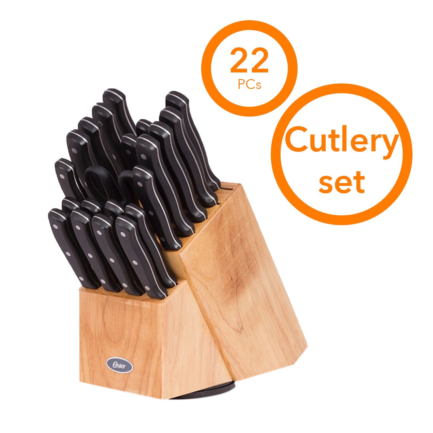 Oster 112070.22 Evansville 22 Piece Cutlery Set, Stainless Steel with Black Handles