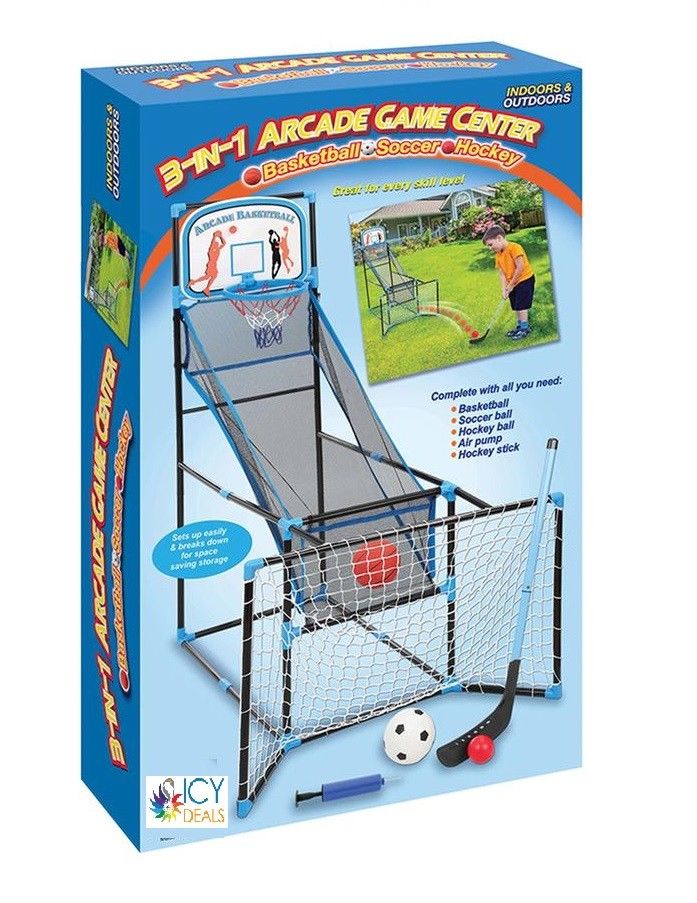 3 in 1 Arcade Kids Game Center - Basketball Soccer & Hockey Kid Sport Game Set