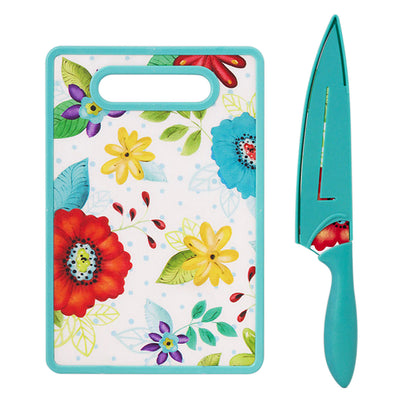 Ceramic Stainless Steel Chef Knife W/ Shealth & Cutting Board Set Floral Design