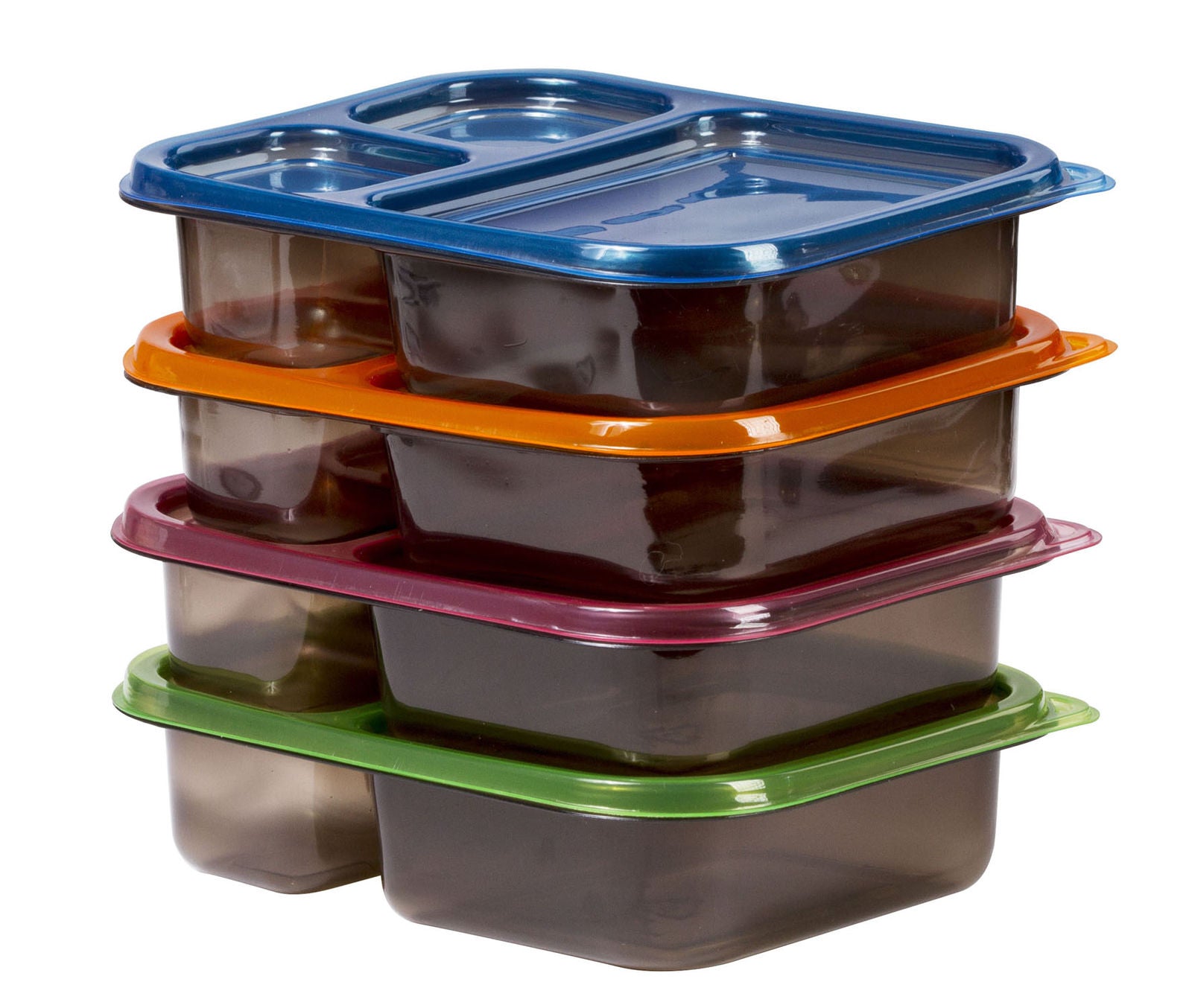 8 Pc Meal Containers Adult Lunch Boxes - 3 Compartment Lunch Containers (Multi Color Lids) - Microwave Safe Containers