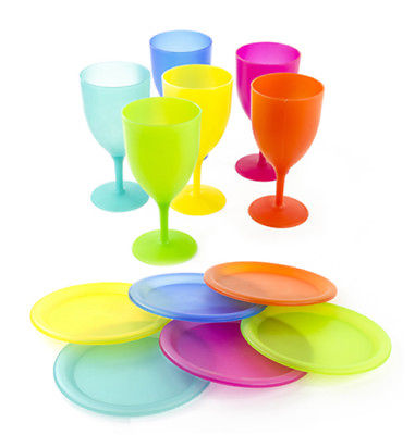 12 Pcs Reusable Plastic Picnic Set / Colorful Plates and Wine Glass / Goblets